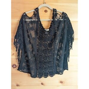 Mudd Womens Top Lace Crochet Fringe One Size Sheer Boho Whimsigoth Vamp Goth